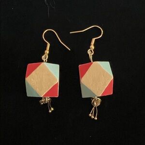 Geometric Gold and Red Earrings